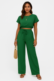 Cloë | Dames Tweedelige Set – Crop Top met Batwing Mouwen en Wijde Broek met Trekkoord