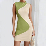 Coen | Dames Bodycon Mini Jurk – Mouwloos, Ribgebreid Stretch, Wavy Colorblock Design