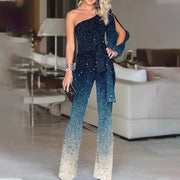 Gretha | Dames Jumpsuit met One-Shoulder Design – Glamoureuze Disco Jumpsuit met Ombre Wijde Pijpen