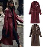 Dames Lange Jas – Bordeauxrode Faux Leather Coat met Retro Silhouet en Tailleceintuu