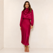 Dames Hoge Taille Midi Jurk – Effen, Casual, Geschikt voor Avondkleding