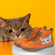 Dames Enkellaarzen met Kattenprint en Veters – Vegan Leer