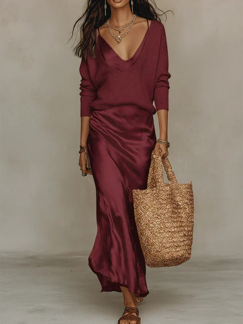 Dames Midi Jurk Satijn met Gebreide Cardigan - Set 2-Delig