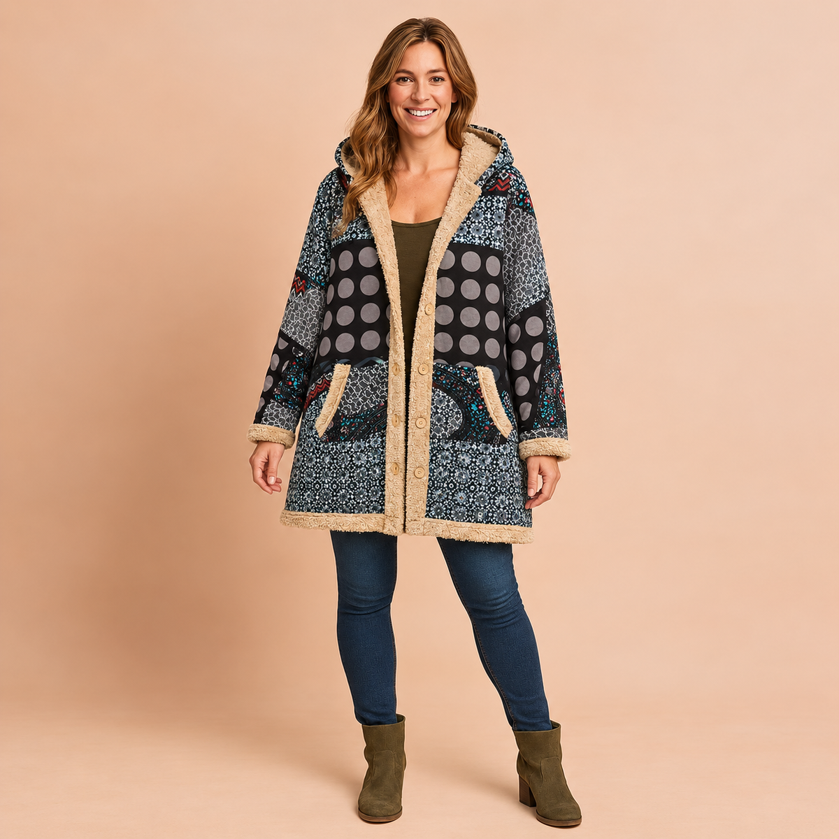 Dames Fleecejas Lang met Capuchon - Patchwork Motief