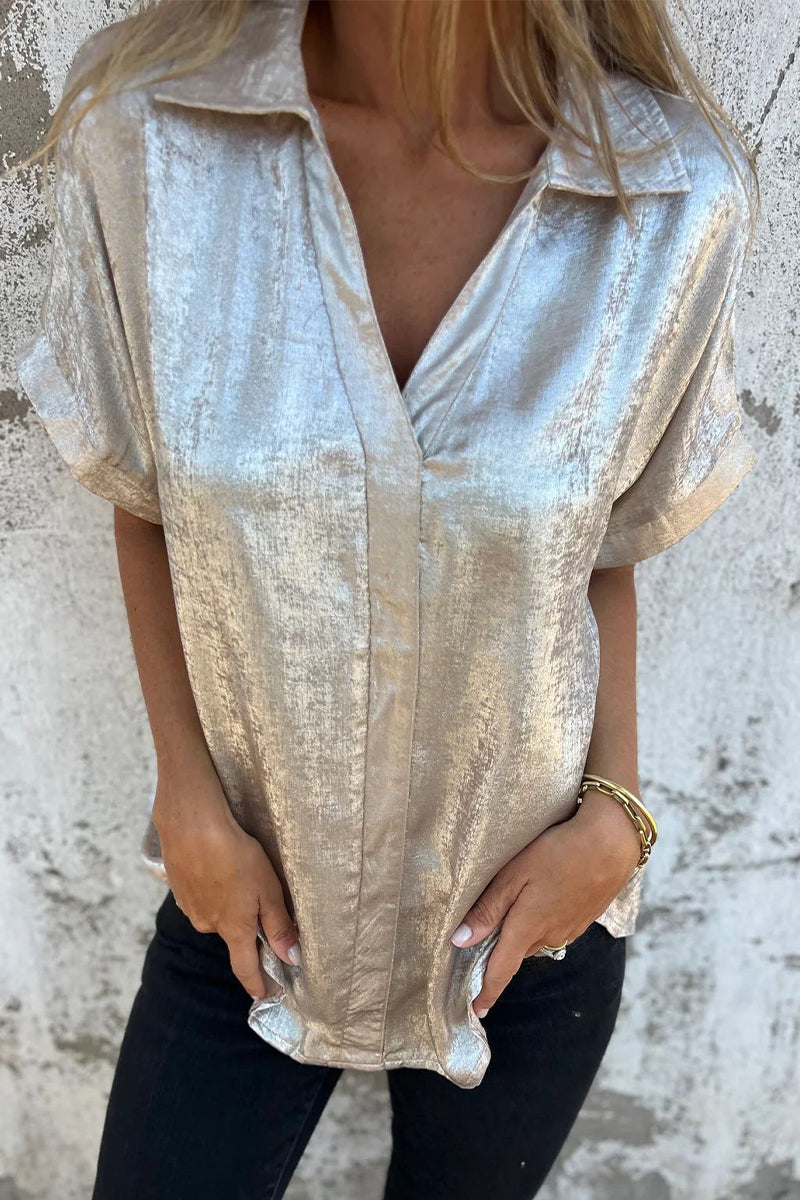 Casual Blouse met Bronzing Patroon | Damesblouse met Patchwork en Omgeslagen Kraag
