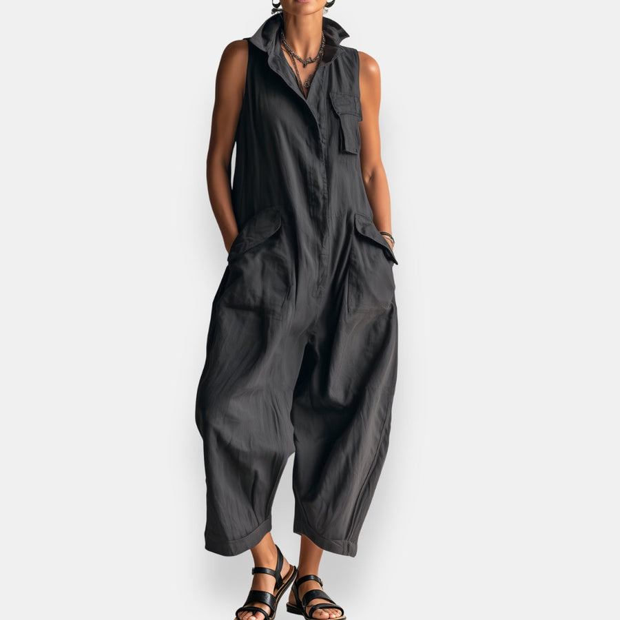 Dames Cargo Jumpsuit Zonder Mouwen met Verfijnde Kraag