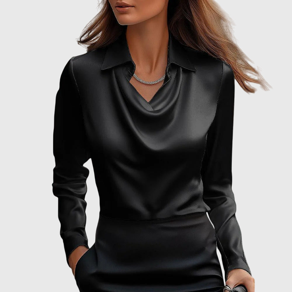 Monique | Dames blouse met geplooide halslijn en subtiele glans – elegant veelzijdig