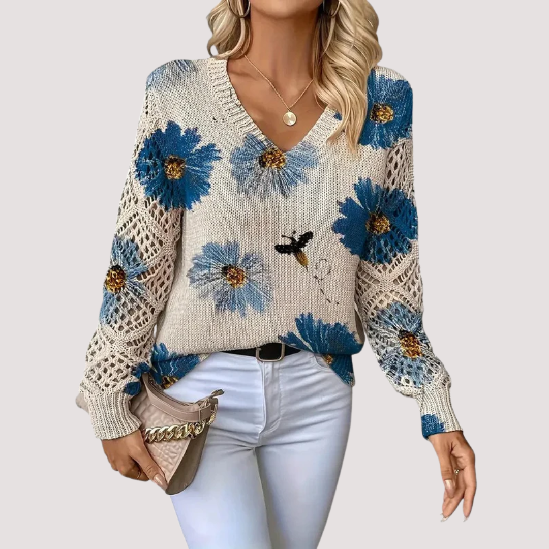 Nancy Dames Trui | Luchtig Gebreid met Bloemen, V-Hals, Comfortabel