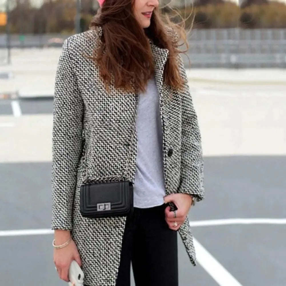 Dames Tijdloze Wolmix Jas – Lange Fit, Zwart, Perfect voor Herfst en Winter