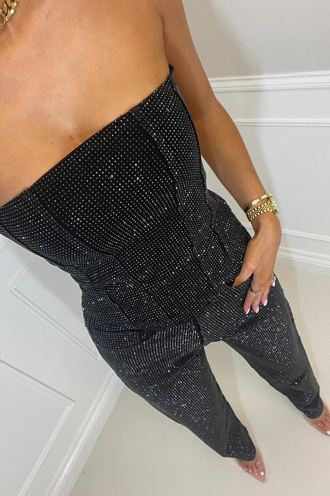 Dames Denim Glitter Jumpsuit – Getailleerd, Casual