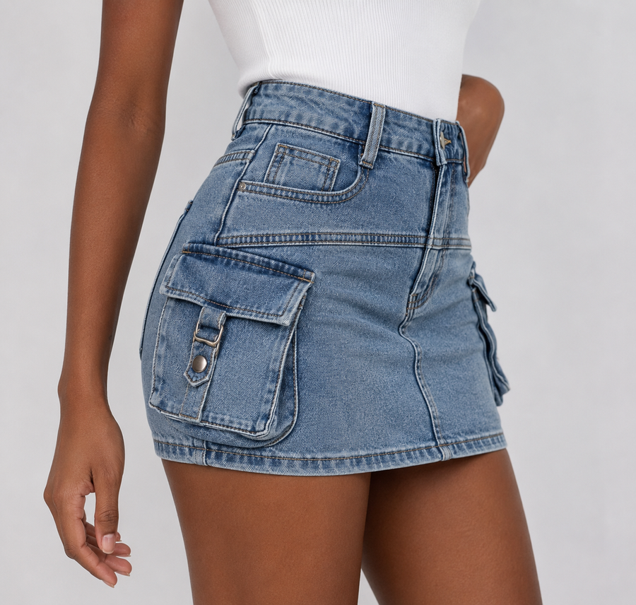 Eeke | Dames Cargo Skort Washed Denim – Stoer Design met Comfortabele Ingebouwde Short