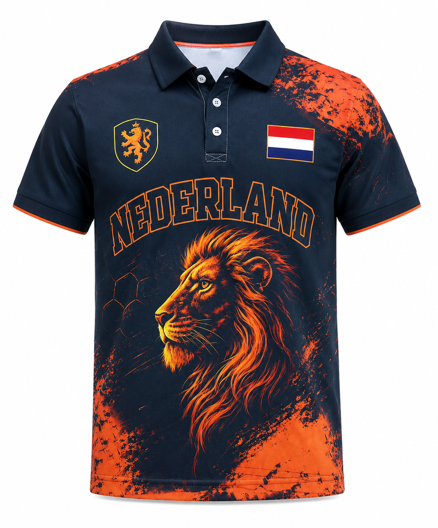 Heren Slim Fit WK Oranje blauw Poloshirt – Korte Mouwen, Geschikt voor Casual en Sportieve Activiteiten