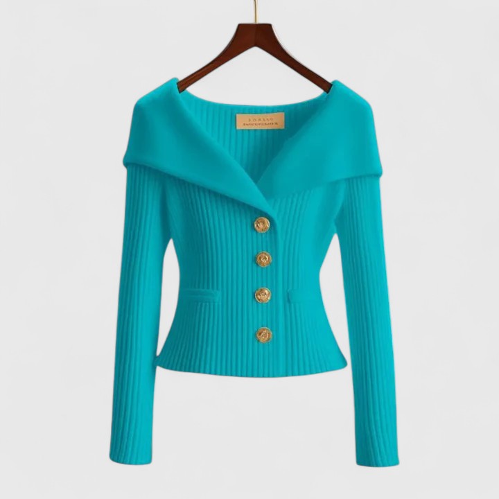 Dames trui met off-shoulder kraag en gouden knopen – zacht & elegant