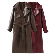 Dames Lange Jas – Bordeauxrode Faux Leather Coat met Retro Silhouet en Tailleceintuu