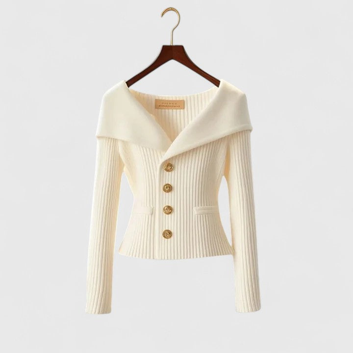 Dames trui met off-shoulder kraag en gouden knopen – zacht & elegant