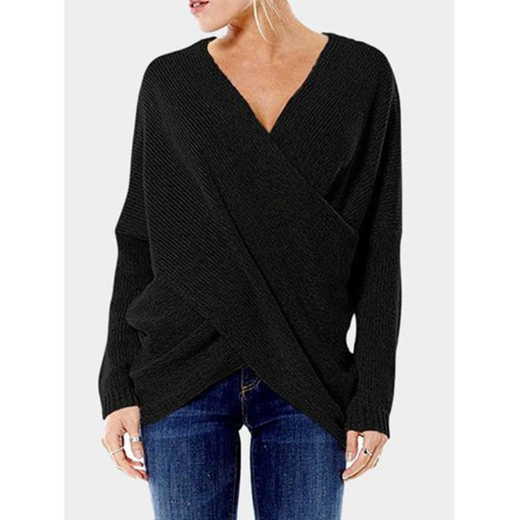 Dames Gebreide Wikkeltrui – V-hals, Zwart, Warm voor Winterse Casual Outfits
