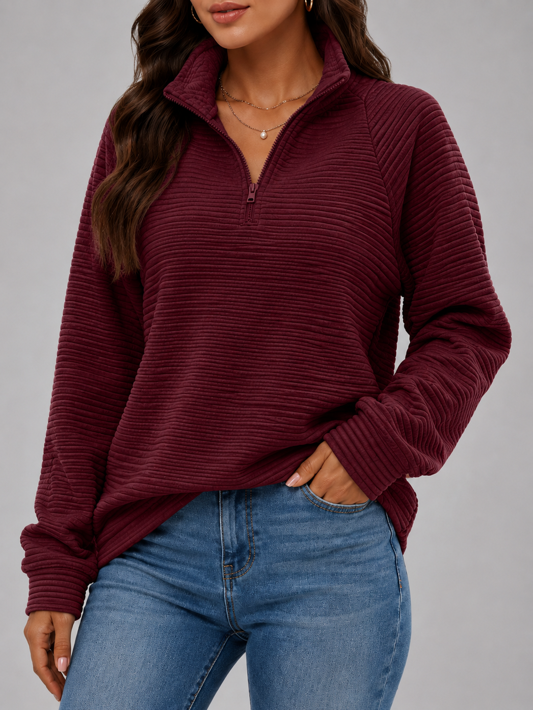 Dames Trui met Korte Rits - Geribbelde Ottoman Pullover