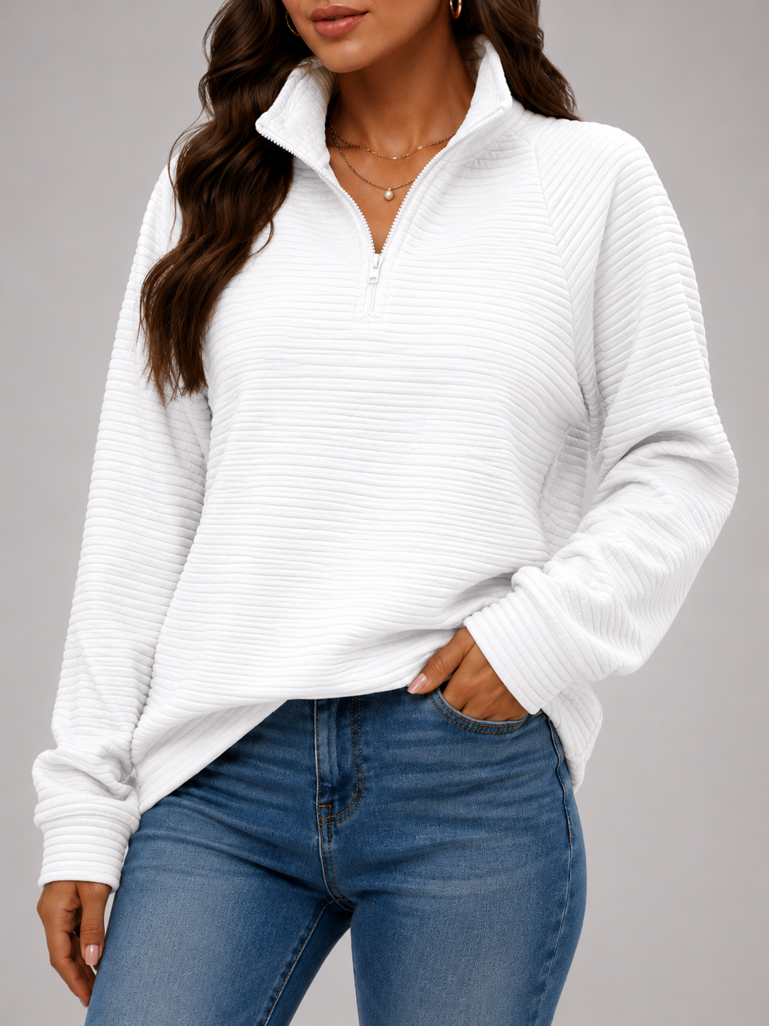 Dames Trui met Korte Rits - Geribbelde Ottoman Pullover