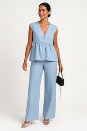 Camilla | Dames Tweedelige Set – Mouwloze Peplum Top met V-hals en Losse Lange Broek