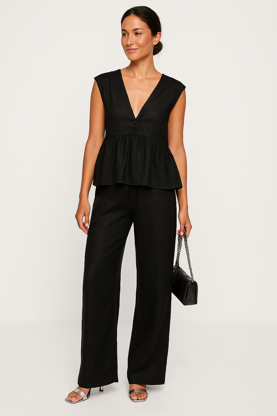 Camilla | Dames Tweedelige Set – Mouwloze Peplum Top met V-hals en Losse Lange Broek