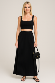 Mette | Dames Set Top en Plissé Maxi Rok – Slim Fit Gebreide Crop Top – Zachte Stretchstof