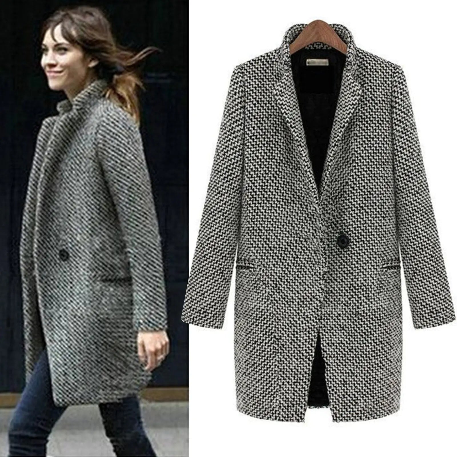 Dames Tijdloze Wolmix Jas – Lange Fit, Zwart, Perfect voor Herfst en Winter