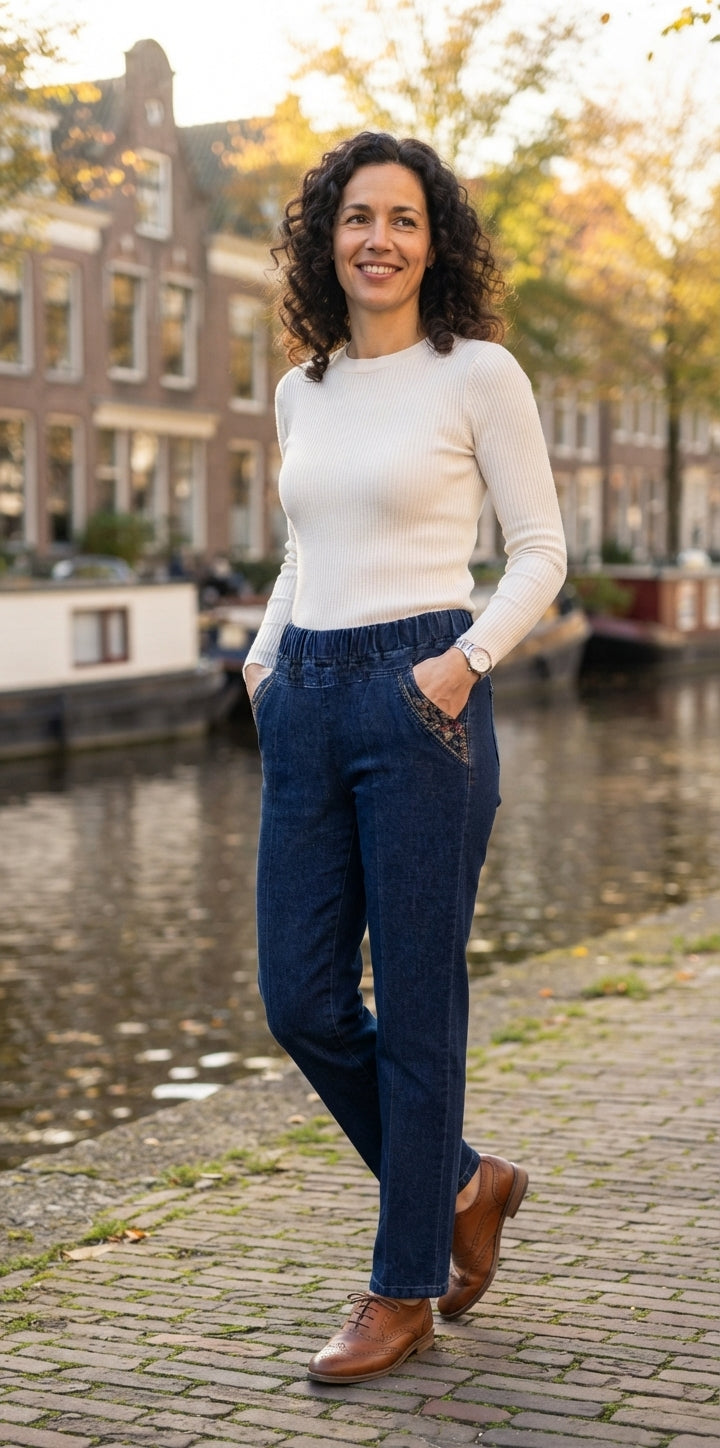 Marloes mode | Damesjeans met zijzakken en elastische taille