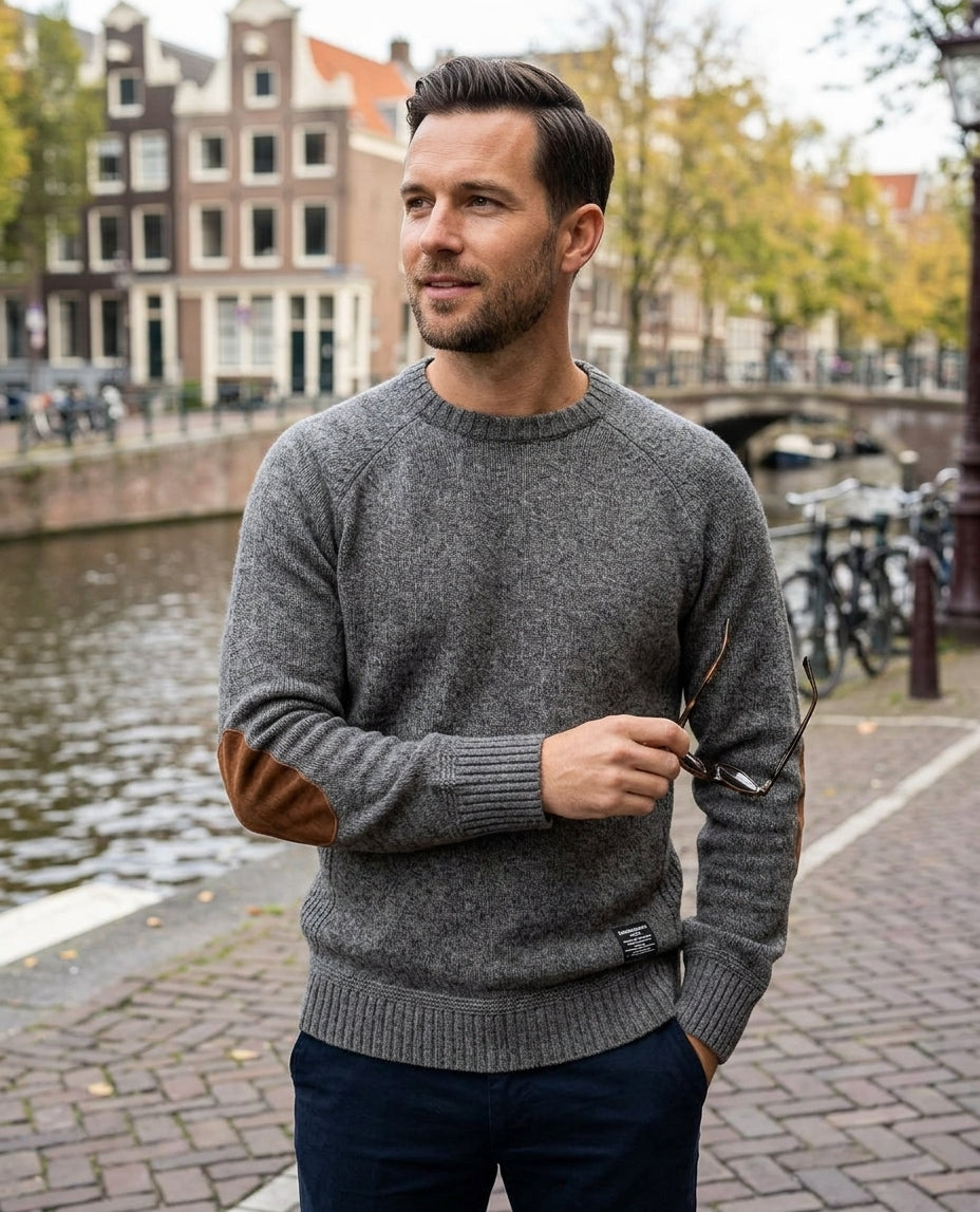 Michiel - Heren Trui met Elleboogpatches en Geribde Boorden