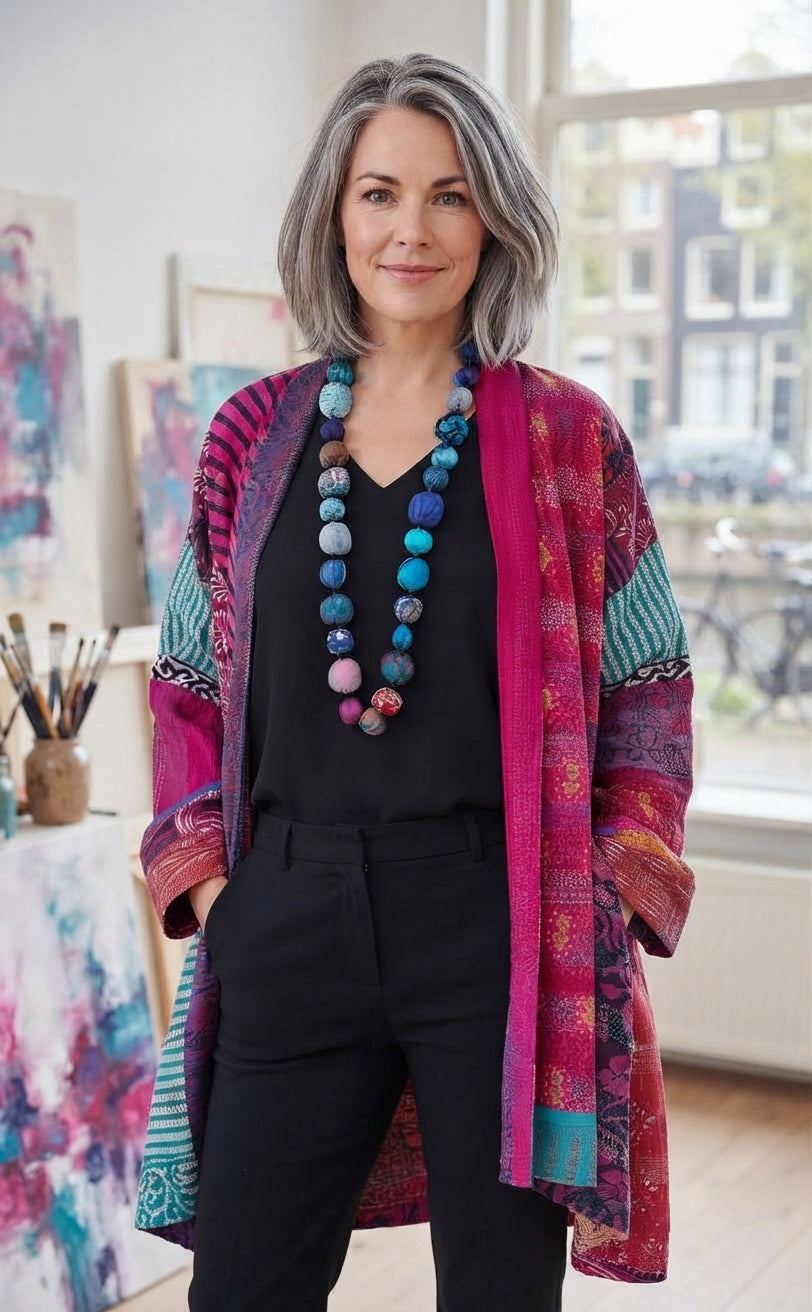 Elizabeth - Lang open kimono vest met boho patchwork print