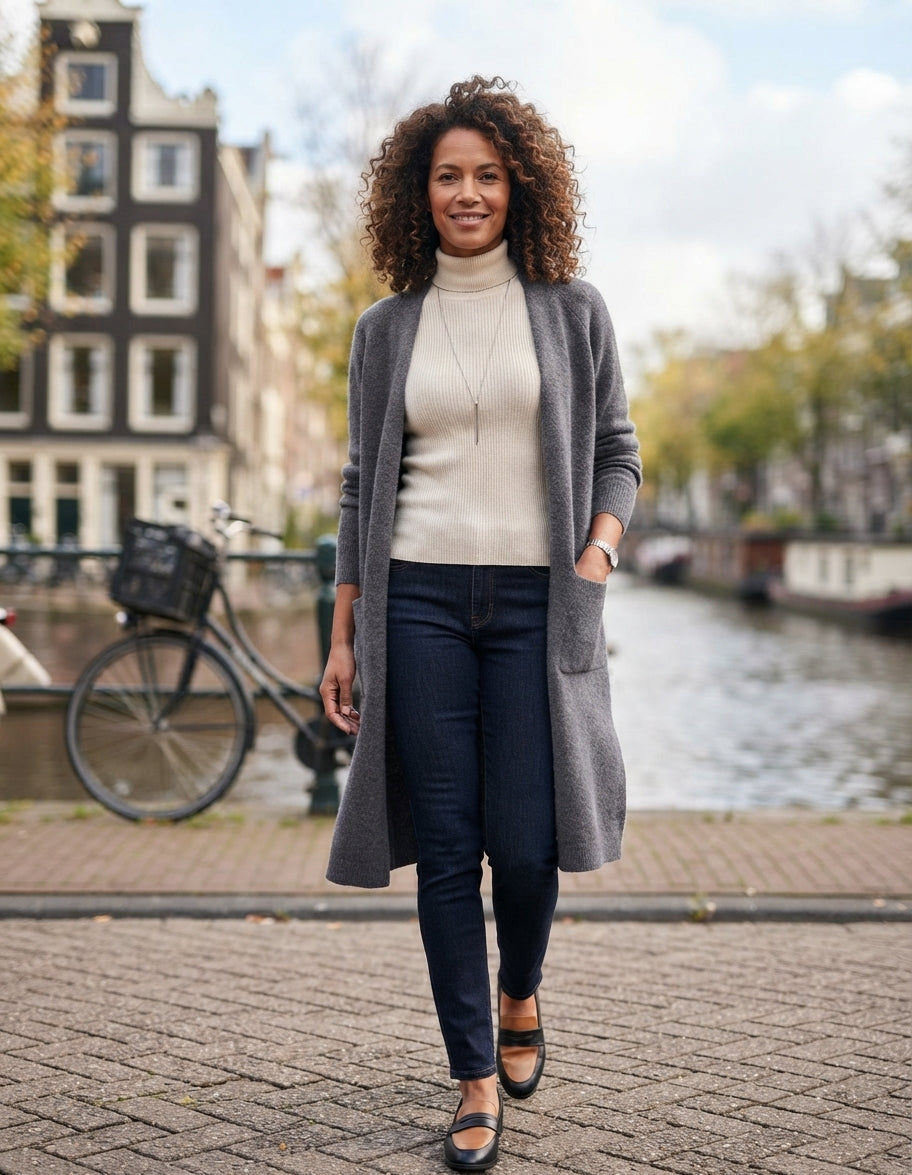 Sonja | Dames lange losvallende gebreide cardigan met open voorkant r