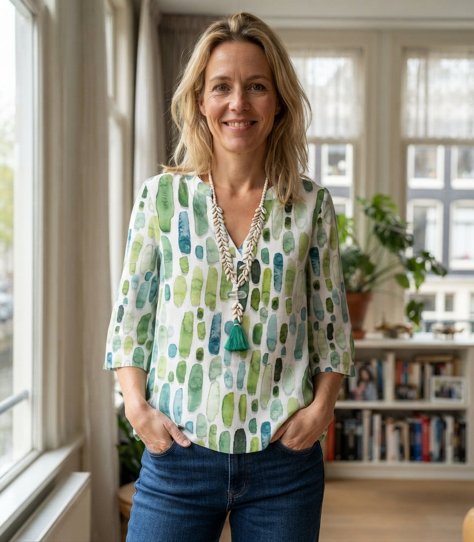 Zayda - Geometrische V-hals 3-kwart Mouwen Blouse