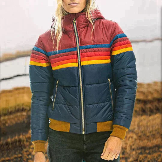 Dames Winterjas met Capuchon - Gestreepte Retro Jas, Warm Gevoerd