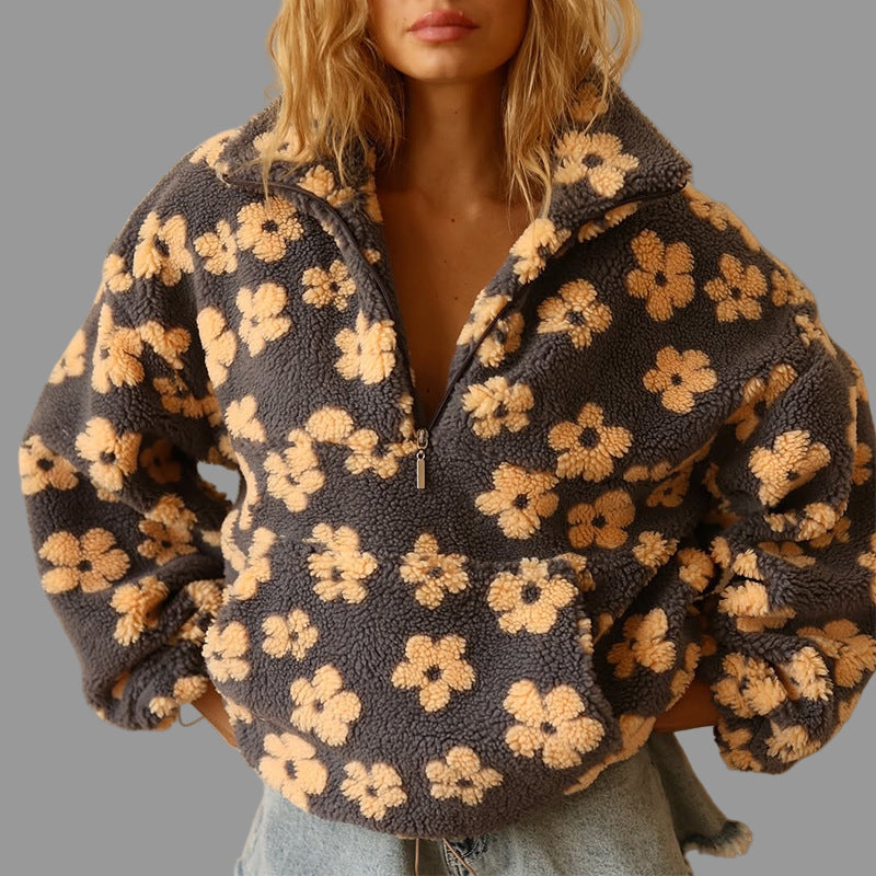 Dames Oversized Sherpa Trui – Bohemian Bloemenprint, Warm en Casual voor Herfst en Lente