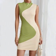 Coen | Dames Bodycon Mini Jurk – Mouwloos, Ribgebreid Stretch, Wavy Colorblock Design