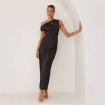 Doina | Dames Bodycon Midi Jurk - One-Shoulder, Luxe Glanzende Stof, Drapage Detail