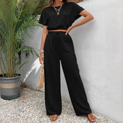 Cloë | Dames Tweedelige Set – Crop Top met Batwing Mouwen en Wijde Broek met Trekkoord