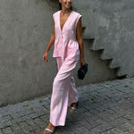 Camilla | Dames Tweedelige Set – Mouwloze Peplum Top met V-hals en Losse Lange Broek