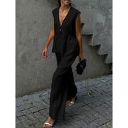 Camilla | Dames Tweedelige Set – Mouwloze Peplum Top met V-hals en Losse Lange Broek