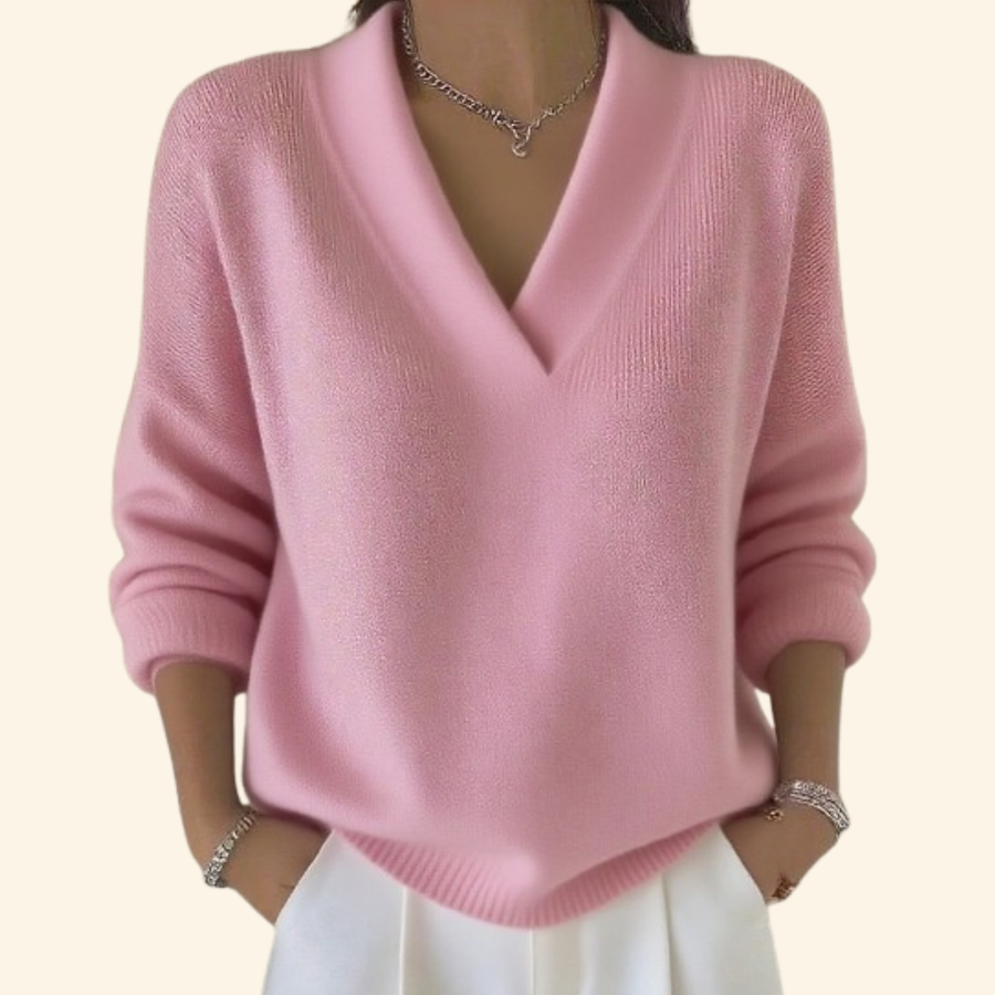 Sienna V-Neck Knit | Een heerlijk zachte, losvallende trui in een warme herfsttint met een elegante V-hals en comfortabele pasvorm.