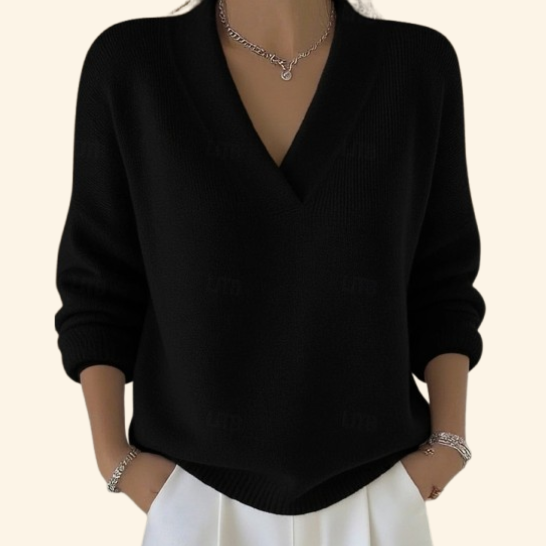 Sienna V-Neck Knit | Een heerlijk zachte, losvallende trui in een warme herfsttint met een elegante V-hals en comfortabele pasvorm.