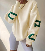 Dames Oversized Sweatshirt – Ronde hals zonder capuchon, grafische print op mouwen, casual
