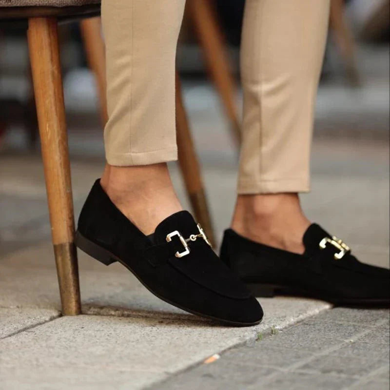 Heren Suède Loafers Instapper – Formele Herenschoenen met Goudkleurig Detail