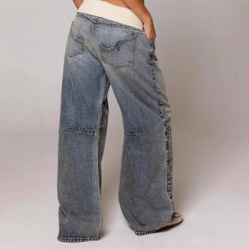 Dames Baggy Wide-Leg Jeans met Tailleband - Stretch Denim