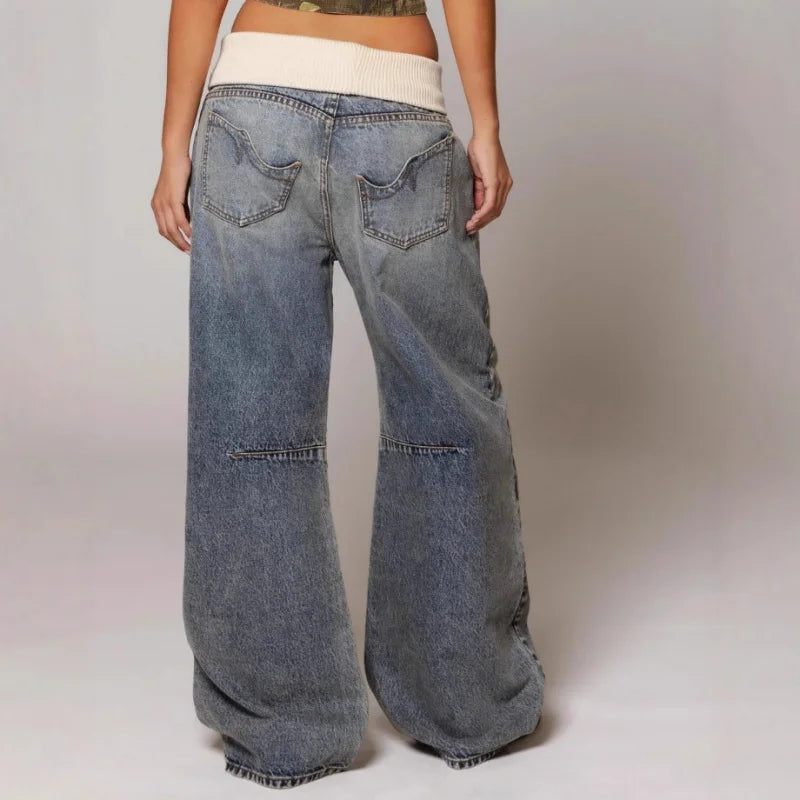 Dames Baggy Wide-Leg Jeans met Tailleband - Stretch Denim
