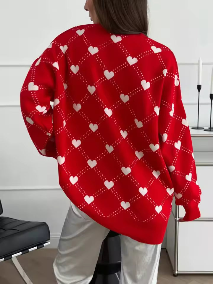 Dames Oversized Trui – Zwart met Hartjesprint, Warm en Casual voor de Winter