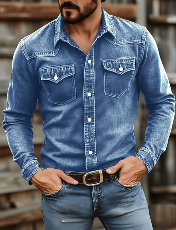 Heren Denim Overhemd Western Stijl met Borstzakken