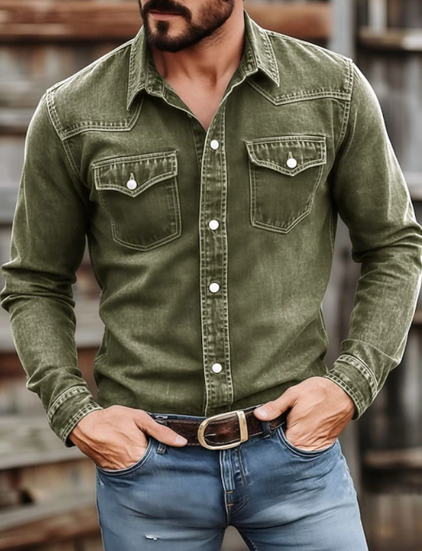 Heren Denim Overhemd Western Stijl met Borstzakken