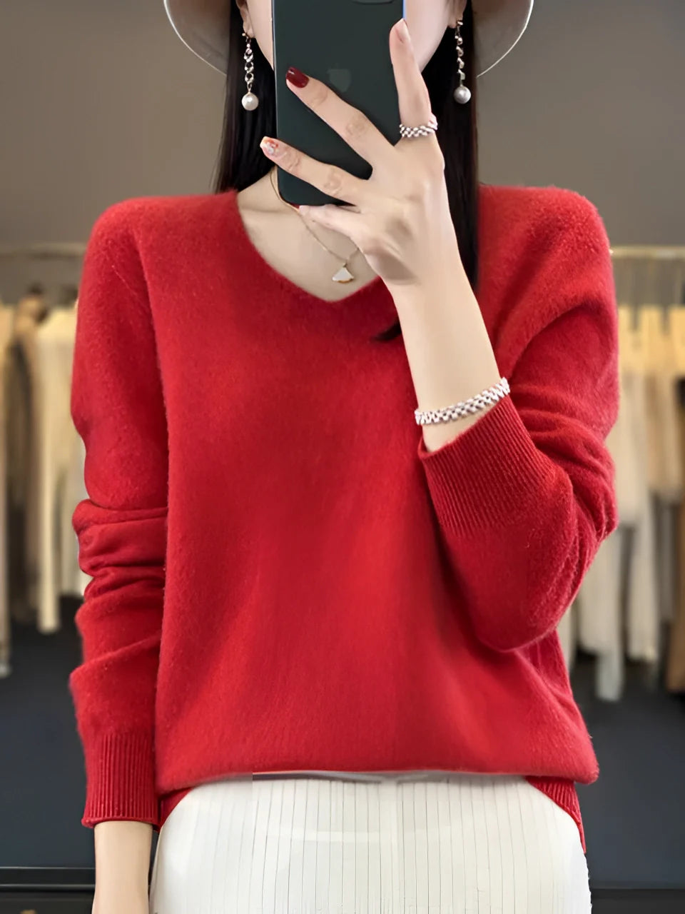 Dames Luxe V-Hals Kasjmiertrui – Smaragdgroen, Warm en Comfortabel voor Herfst en Winter