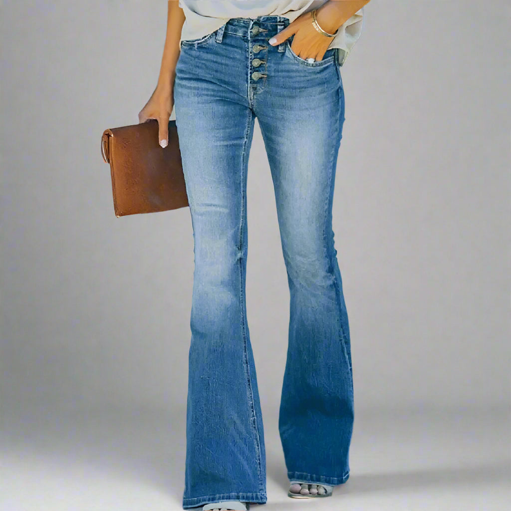 Dames Vintage Flared Jeans – Effen Blauw, Hoogwaardige Stretch Denim voor Casual Retro Look