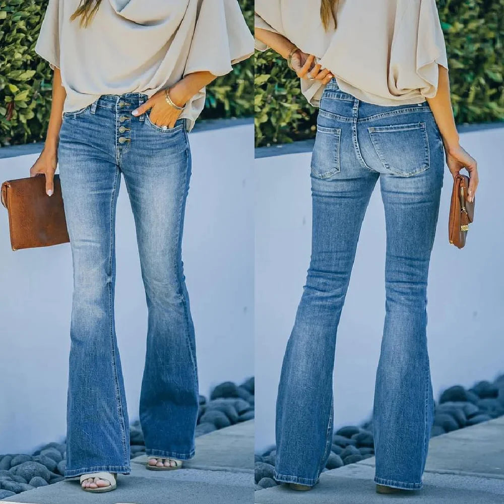 Dames Vintage Flared Jeans – Effen Blauw, Hoogwaardige Stretch Denim voor Casual Retro Look